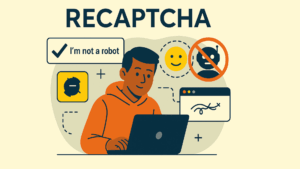 Illustration numérique montrant une personne interagissant avec un formulaire en ligne pour éviter les robots, avec des symboles de sécurité représentant la protection contre les robots et les solutions CAPTCHA.